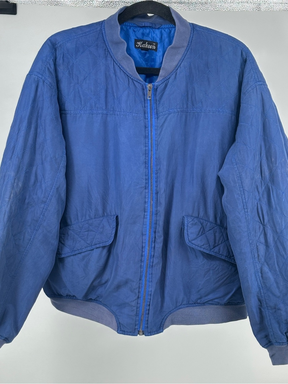 Vintage Large Kakoon Royal Blue Quilted Silk Bomber Jacket Distressed